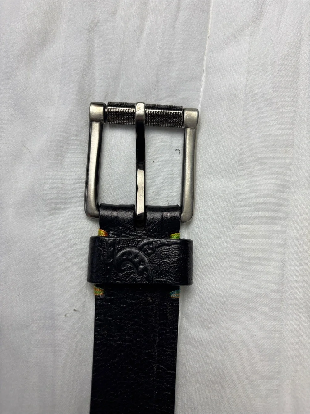 Black Leather Men's Belt with Brushed Metal Buckle